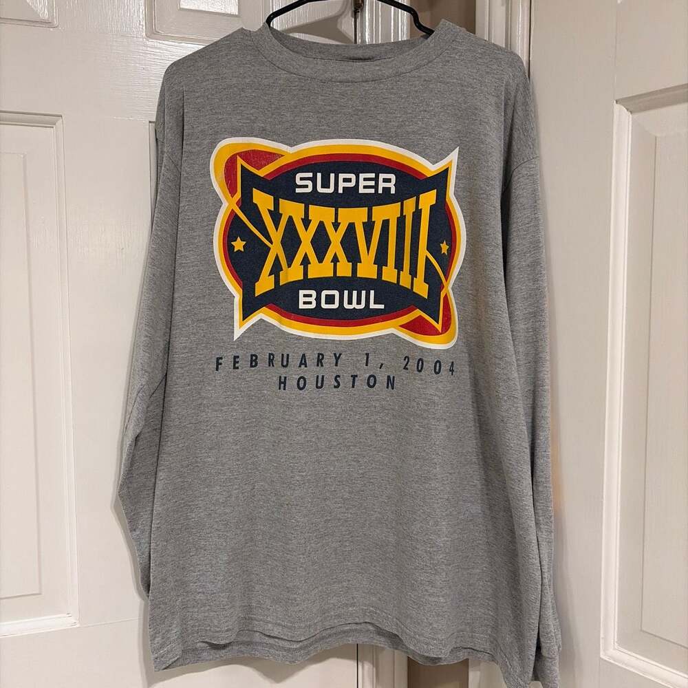Vintage 2004 Super Bowl XXXVIII Houston Long Sleeve Graphic T-Shirt Gray Large